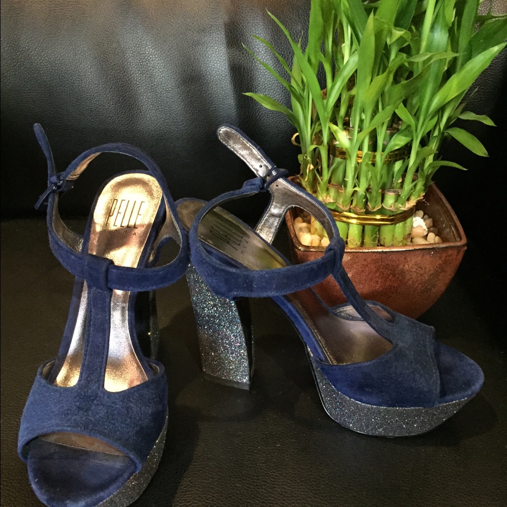 Pelle Moda Navy Suede Glitter Sandals Block Heel